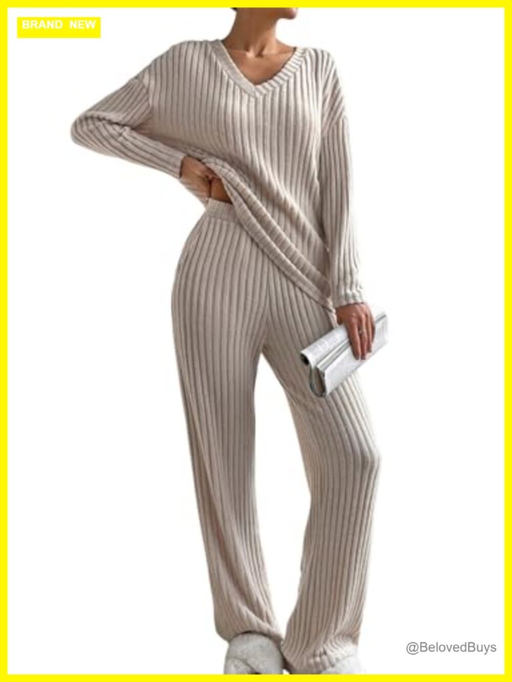 Ribbed Knit 2-Piece Lounge Set Long Sleeve V-Neck High Waisted Pajama Casual